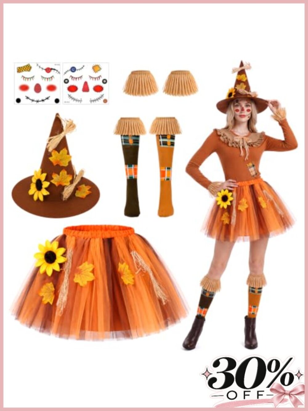 Scarecrow Costume Set Tulle Skirt Felt Hat Raffia Cuffs Socks Stickers